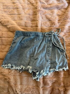 Frayed Wrap Denim Skort with Wrap Around Side Tie - Blue